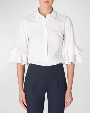 Button-Front Shirt with Ruffle Trim