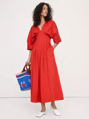 Stretch-Cotton Pleated Maxi Dress