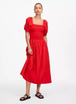 Smocked Puff Sleeve Midi Dress
