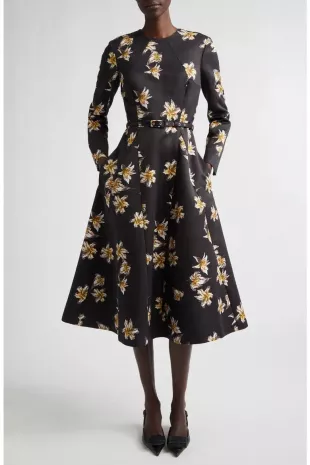 Uccelina Festive Lillies Belted Fit & Flare Midi Dress