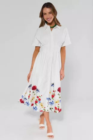 Poppy White Floral Trim Midi Dress
