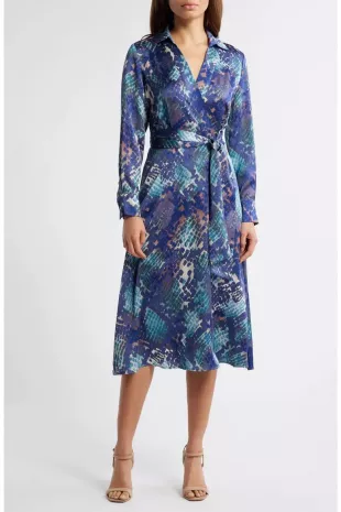 Hammered Satin Wrap Front Shirtdress
