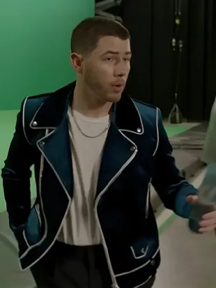 Power Ballad Nick Jonas Blue Velvet Biker Jacket