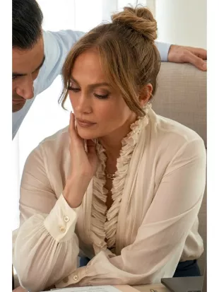 Office Romance 2026 Jennifer Lopez Ruffled Pintucked Blouse