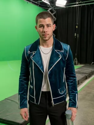 Power Ballad 2026 Nick Jonas Blue Velvet Biker Jacket