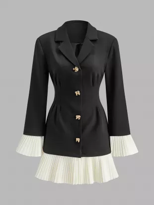 V Neck Two Tone Pleated Button Dress