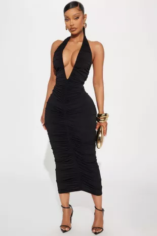 Keke Ruched Deep V Midi Dress