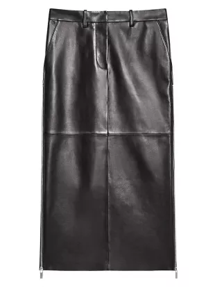 Zip-Trim Leather Midi-Skirt