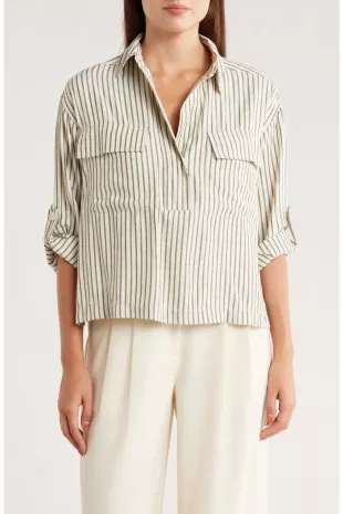 Grid Print Roll Sleeve Popover Shirt