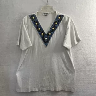 Blouse Top Womans Large Geometric Beaded Single Stitch White Short