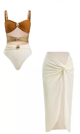 Tummy Control Cut Out Slip Swimwear And Ruched Slit Cover Up Set