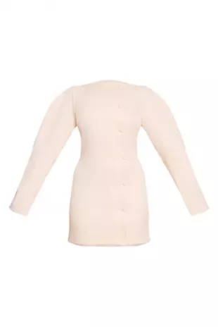 Cream Woven Slash Neck Button Detail Mini Dress