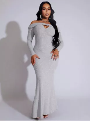 BamGleam Women's Sexy Off Shoulder Textured Mermaid Hem Split Long Dress