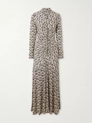 Ida Ruffled Gathered Printed Stretch Jersey Turtleneck Midi Dress