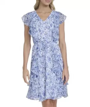 ToV-Neck Ruffle Trim Mini Dress