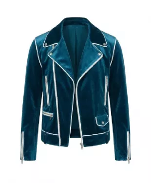 Shop Power Ballad 2026 Nick Jonas Blue Velvet Biker Jacket - Oskar Jacket