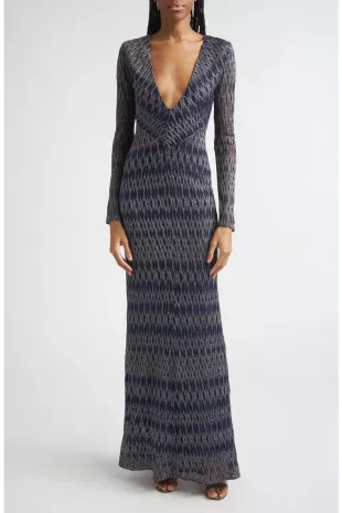 Long Sleeve 3D Diamond Pattern Lamé Maxi Dress