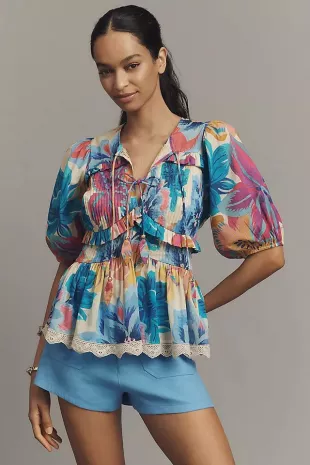 Puff-Sleeve Tie-Front Blouse