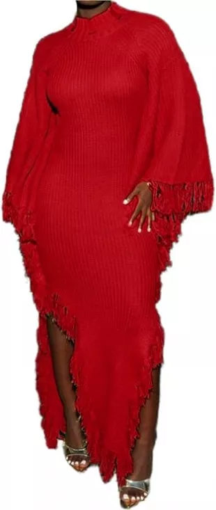 Batwing Sleeve Sexy Side Slit Tassel Maxi Sweater Dress