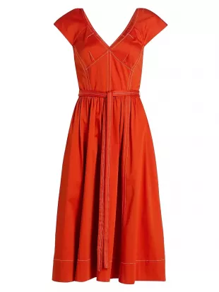 Contast-Stitch Cotton Belted Midi-Dress