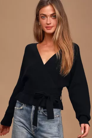 Sweet and Sophisticated Black Knit Faux Wrap Sweater