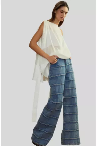 Windowpane Wide-Leg Jeans