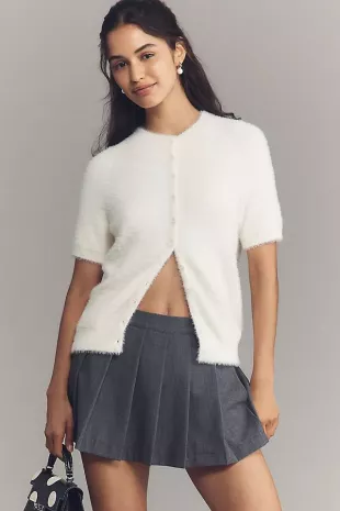 Short-Sleeve Eyelash Cardigan Sweater