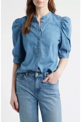 Denim Puff-Sleeve Band-Collar Shirt