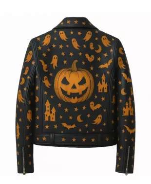 Halloween Pumpkin Ghost Leather Biker Jacket - Oskar Jacket