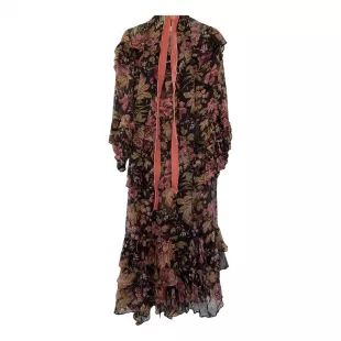 Black Floral Ruffle Midi Dress
