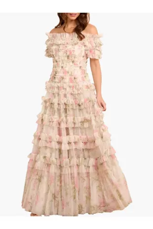 White Floral Ruffle Off-the-Shoulder Gown