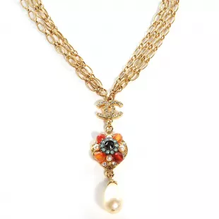 Jeweled Pearl CC Logo Drop Necklace Gold