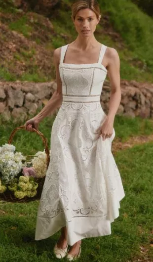 Ava White Stretch Cotton Broderie Anglaise Midi Dress