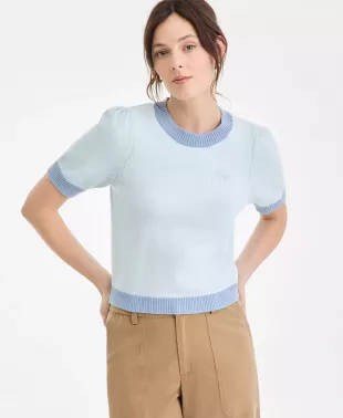 Women's Embroidered Colorblocked Short Sleeve Sweater