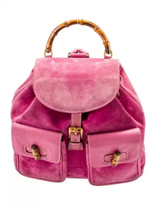 Pink Suede Bamboo Handle Backpack Bag
