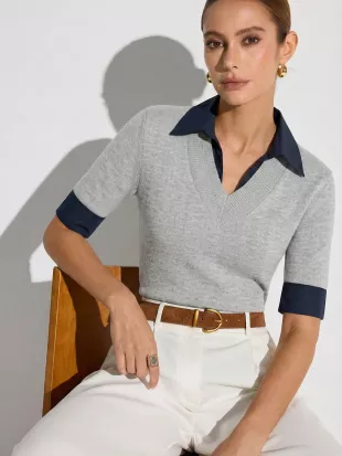 Contrast Collar Elbow Sleeve Knit Top