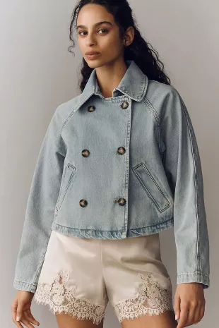 Cropped Denim Trench Jacket