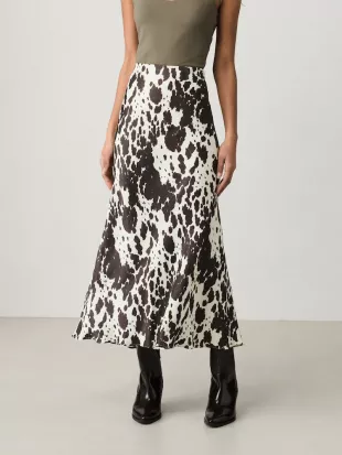 Cow Print Satin Midi Skirt