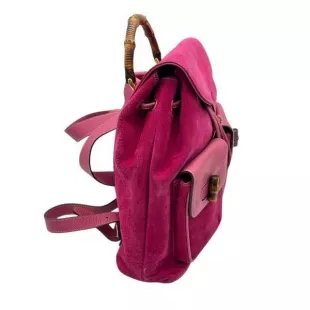 Pink Suede Bamboo Handle Backpack Bag