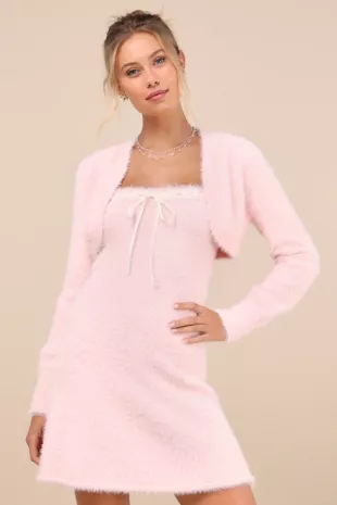 Dynamic Sweetheart Pink Eyelash Knit Mini Dress & Shrug Set