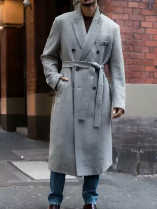 Men Grey Long Wool Overcoat
