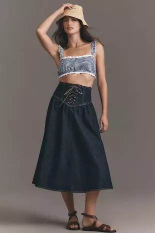 Lace-Up Drop-Waist Denim Midi Skirt