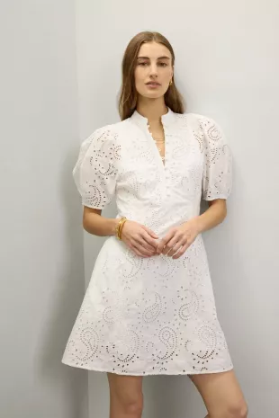 Eyelet Balloon Sleeve Mini Dress