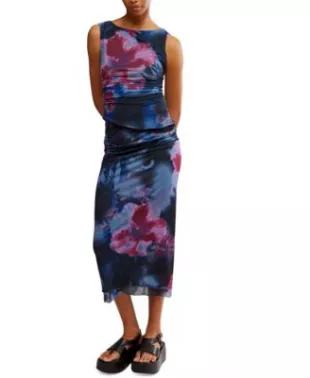 Ruched Mesh Top and Mesh Maxi Skirt Set