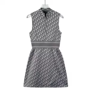 Gray Logo Jacquard Print Stand Collar Semi-Zip-Up Dress