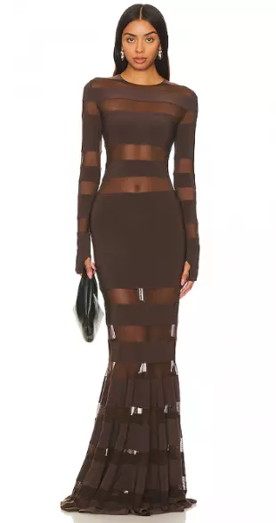 Brown Striped Mesh Long-Sleeve Fishtail Gown
