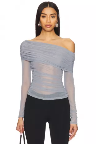 Light Blue Ruched Off The Shoulder Mesh Top