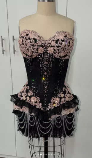 Black/Pink Crystal Beaded Lace Corset Mini Dress