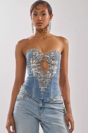 Sequin Embellished Denim Corset Top