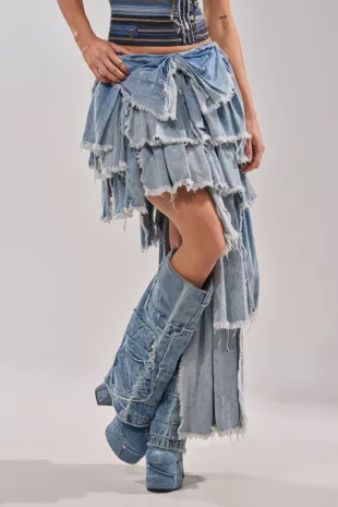 Sequin Embellished Distressed Denim Mini Skirt